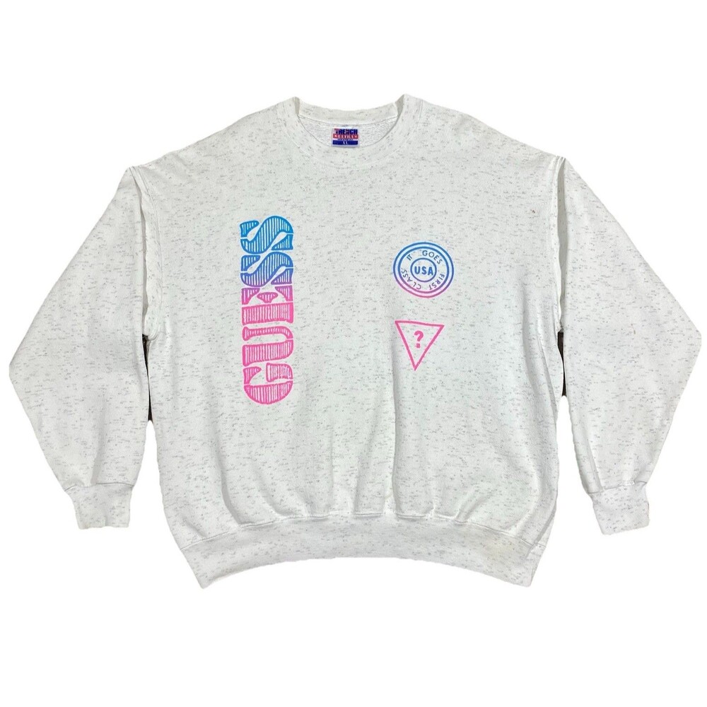 VTG 80s Guess USA Logo Sweatshirt XL White Speckle Crewneck Trench Ultra